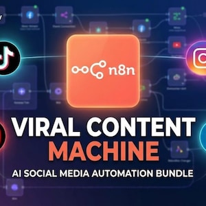Könnte beinhalten: Ein digitales Grafikdesign, das für "Viral Content Machine" wirbt, ein KI-Social-Media-Automatisierungspaket. Das Bild zeigt das n8n-Workflow-Logo zusammen mit Symbolen für TikTok, YouTube, Instagram und LinkedIn, die durch Linien auf einem dunkelblauen Hintergrund verbunden sind.