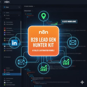 Könnte beinhalten: Eine digitale Grafik mit dem Text "n8n B2B LEAD GEN HUNTER KIT AI SALES & AUTOMATION BUNDLE". Das Bild zeigt Symbole für LinkedIn, E-Mail und Workflow-Diagramme mit den Worten "5 ELITE WORKFLOWS". Das Farbschema ist dunkelblau und orange.