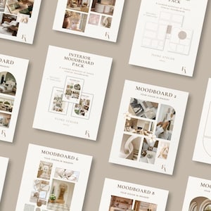 May include: A collection of interior design moodboard templates. The covers are off-white with images of interior spaces and text. The text includes "Moodboard" and "Interior Moodboard Pack". The overall color scheme is neutral with beige and brown tones.