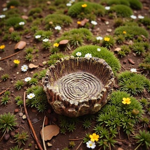 Peut inclure: Un bol décoratif de couleur marron et dorée, avec un motif de cernes d'arbre, est posé au milieu de mousse verte, de petites fleurs jaunes et blanches et de feuilles éparses. La surface texturée du bol ajoute à son esthétique naturelle.