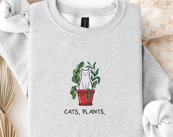 Bluza z haftowanym kotem, pomysł na prezent dla miłośnika roślin, bluzka dla miłośnika roślin i kotów, koszulka dla ogrodnika botanicznego, damska koszulka z kwiatowym motywem kota, prezent dla właściciela zwierzaka