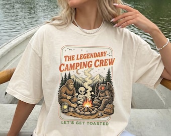 Comfort Colors® Funny Camping T-Shirt, Bigfoot Mothman Alien Campfire Tee, Vintage Sasquatch Shirt, Retro Cryptid Shirt, Camping Crew Tee