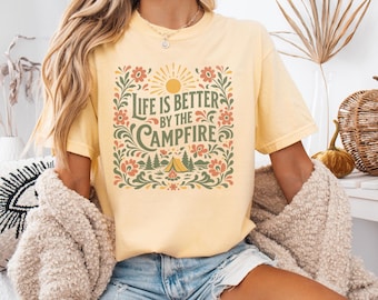 Comfort Colors® Camping Shirt, Retro Campfire Shirt, Vintage Floral Nature Lover Tee, Boho Outdoor Shirt, Gift for Outdoor Adventure Lover