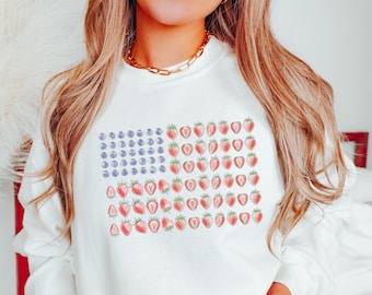 American Flag Sweatshirt, Fourth of July Shirt, 250th Anniversary Shirt, Summer Strawberry Shirt, Cute Patriotic Graphic Tee, USA Crewneck