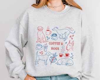 Coffee & Dogs Doodle Sweatshirt, Coffee Lover Crewneck, Dogs and Coffee Lover Gift,  Doodle Style Hand Drawn Aesthetic, Pet Owner Gift