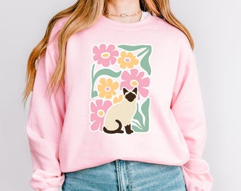 Floral Siamese Cat Sweatshirt, Botanical Women Sweater,  Boho Floral Cottagecore Shirt, Cat Mom Crewneck, Gift for Siamese Cat Lover