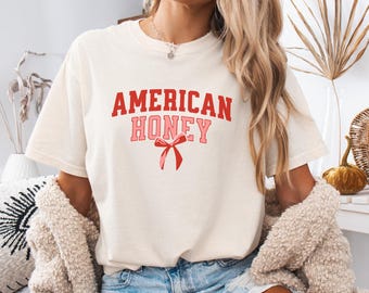 Comfort Colors® American Honey Shirt, Womens 4th of July Coquette Bow Top, USA Independence Day, Patriotic Graphic Tee, Trendy Summer Shirt