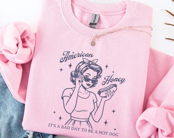 American Honey Shirt, Retro Fourth of July Sweatshirt for Women, Funny Hot Dog Shirt, USA Independence Day, Funny Patriotic Graphic Crewneck
