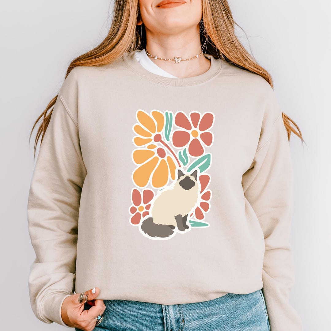 Floral Ragdoll Cat Silhouette Sweatshirt, Retro Botanical Women Shirt ...