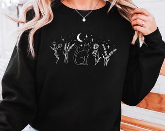 Floral Cat Shirt, Celestial Boho Shirt for Women, Cat Mom Sweatshirt, Cat Lover Gift, Wildflower Botanical Sweater, Women Animal Lover Tee