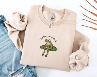 Mentally Out Of Stock Dissociated Frog on Lily Pad Sweatshirt, Funny Frog Shirt, Weirdcore Crewneck, Mental Health Humor, Animal Lover Gift