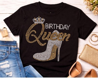 Camiseta Rainha do Aniversário com Strass – Coroa Brilhante e Camiseta de Salto Alto