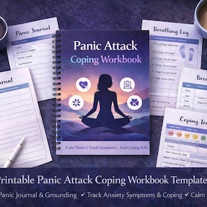 May include: A "Panic Attack Coping Workbook" with a spiral binding, featuring a meditating figure on the cover, alongside journal pages, a candle, and a coffee cup. The workbook contains journal prompts and coping exercises.