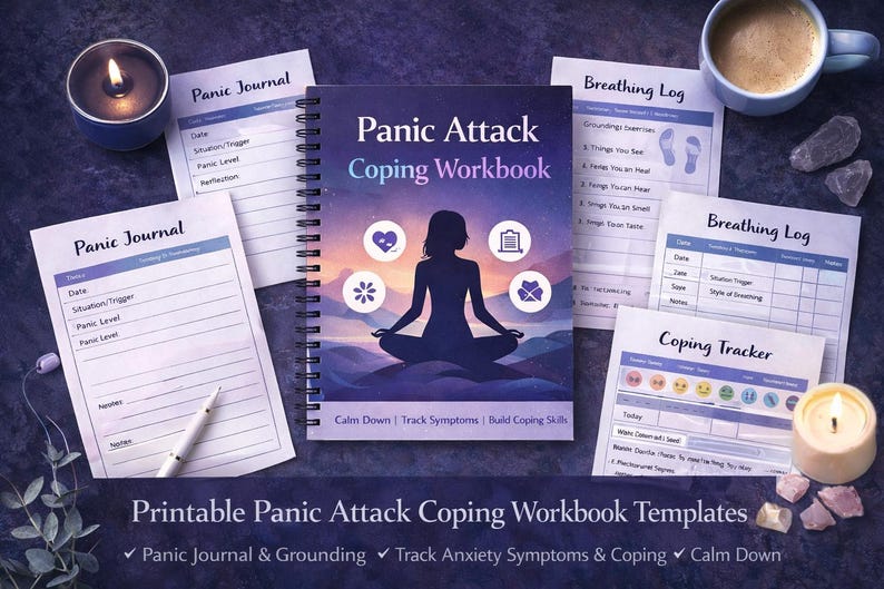 Puede incluir: Un "Cuaderno de trabajo para afrontar ataques de p&aacute;nico" encuadernado en espiral, con la silueta de una persona meditando en la portada, junto a p&aacute;ginas de diario, una vela y una taza de caf&eacute;. El cuaderno incluye ejercicios.