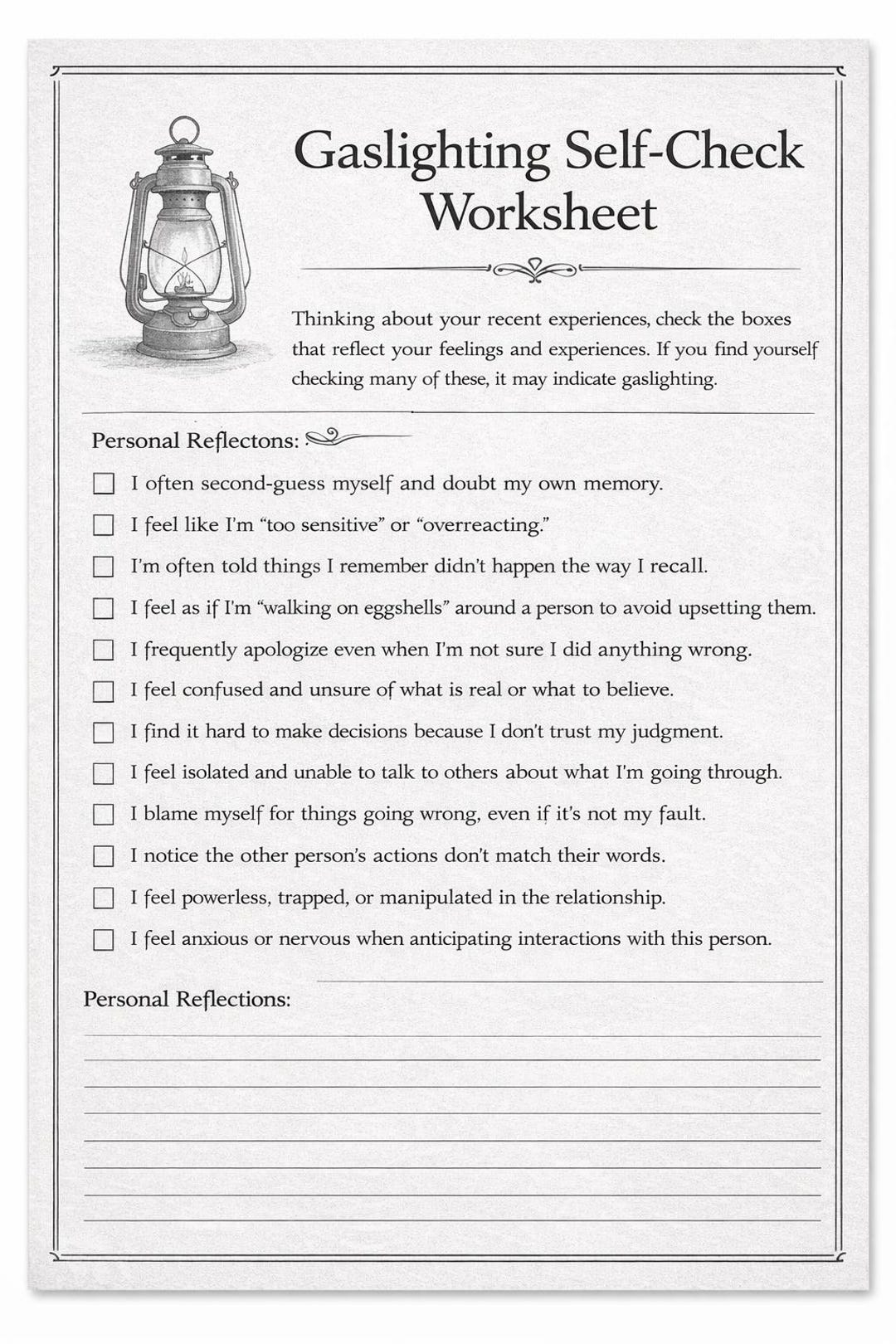 Self Check Worksheet Gaslighting Self Check Worksheet: Relationship Red Flags, Rebuild Self ...