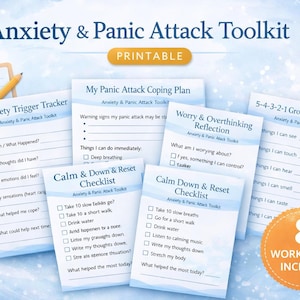 Könnte beinhalten: Eine Sammlung druckbarer Arbeitsblätter zur Bewältigung von Angstzuständen und Panikattacken. Das Bild zeigt mehrere Blätter mit Titeln wie "Anxiety Trigger Tracker" und "Calm & Down & Reset Checklist". Ein orangefarbener Kreis zeigt an, dass 8 Arbeitsblätter enthalten sind.