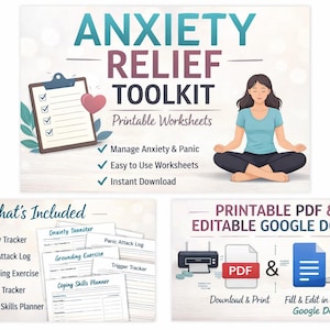 Könnte beinhalten: Angstbewältigungs-Toolkit mit ausdruckbaren Arbeitsblättern. Das Bild zeigt eine meditierende Frau, einen Klemmbrett mit Häkchen und ein Herz. Enthält Angst-Tracker, Panikattacken-Protokoll, Erdungsübung, Trigger-Tracker und Coping-Skills-Planer.
