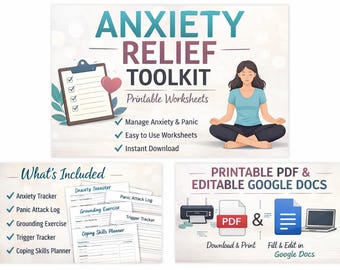 Kit imprimible para aliviar la ansiedad: hojas de trabajo sobre ansiedad y ataques de pánico.