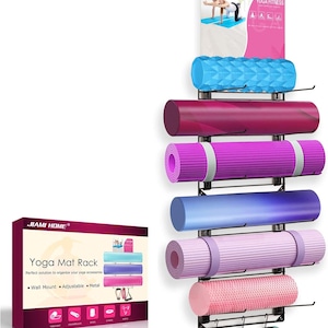 Yoga Mat Rack Wall Mount Foam Roller Storage Gym Organizer Yoga Mats Holder Yoga Mat Organizers and Storage Metal Grid Hooks Adjustable