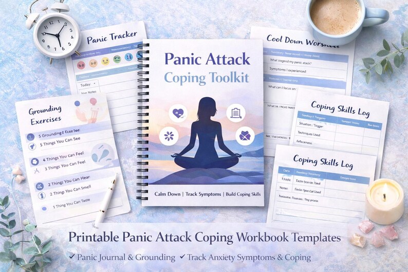 Puede incluir: Un cuaderno en espiral titulado "Panic Attack Coping Toolkit" con la silueta de una persona meditando. Incluye hojas de trabajo para ejercicios de conexi&oacute;n a tierra, un rastreador de p&aacute;nico y registros de habilidades de afrontamiento. Tambi&eacute;n se ve un despertador blanco y una taza de caf&eacute;.