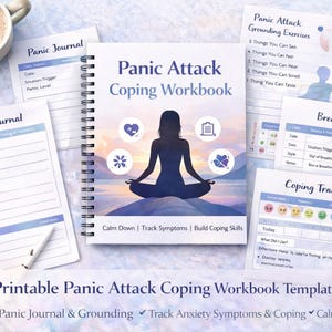 Puede incluir: Un "Cuaderno de trabajo para afrontar ataques de p&aacute;nico" con espiral, con la silueta de una persona meditando en la portada. Incluye hojas de trabajo como un "Diario de p&aacute;nico", un "Registro de respiraci&oacute;n" y un "Seguimiento de la adaptaci&oacute;n".