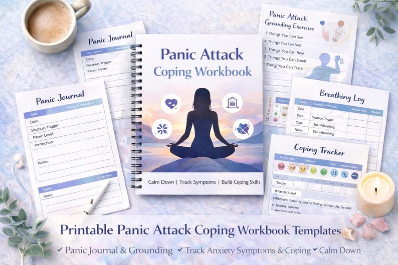 Puede incluir: Un "Cuaderno de trabajo para afrontar ataques de p&aacute;nico" con espiral, con la silueta de una persona meditando en la portada. Incluye hojas de trabajo como un "Diario de p&aacute;nico", un "Registro de respiraci&oacute;n" y un "Seguimiento de la adaptaci&oacute;n".