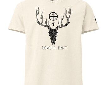 Forest Spirit T-shirt | Cernunnos Stag Skull | Viking Sun Wheel Tee | Algiz Protection Rune | Witchy Clothing | Forest Guardian T-shirt