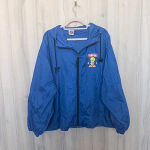Vintage Looney Tunes unisex windjack met capuchon, maat Large, paars, met Tweety Bird-print.