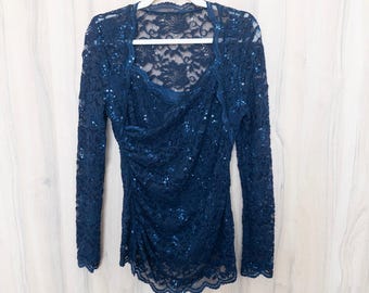 Vintage Y2K Pyramid Collection Damen-Spitzentop L Marineblau Pailletten Raffung Langarm