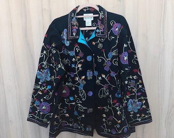 Giacca vintage Quacker Factory ricamata con perline, grande farfalla floreale nera