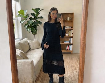 Vintage Tiered Spitze Midi Rock OS Schwarz Pailletten Baumwolle Whimsigoth Boho Witchy