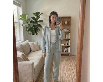 Vintage Casey & Max Womens Linen Pant Set M Gray Coastal Lagenlook Minimalist