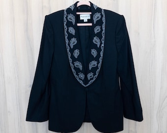 VTG John Meyer Womens Beaded Blazer 18 Black Paisley Wool Formal Classic Boho