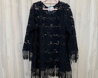 Blusa feminina vintage L&B com franjas de renda, tamanho XL, preta, floral, transparente, estilo boho western, estilo gótico.