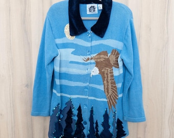 Cardigan da donna VTG Storybook Knits taglia L, aquila blu, paillettes artistiche anni '90