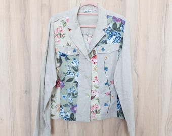 Vintage White Stag Patchwork Linen Floral Jacket L Beige Embroidered Cottage