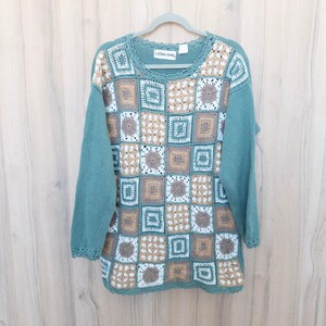 VTG Celina Yang Patchwork Grandma Square Sweter Small Teal Crochet Boho Cottage