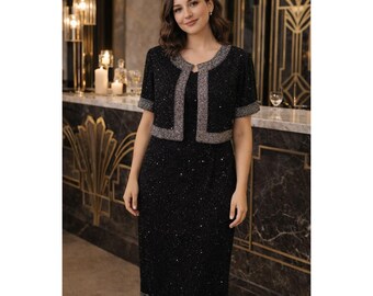 VTG Stenay Beaded Silk Dress 6 Black Silver Sequin Formal Old Hollywood Gatsby