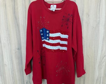 Maglione vintage da donna Quacker Factory con bandiera americana, taglia 2XL, rosso, patriottico e con perline.