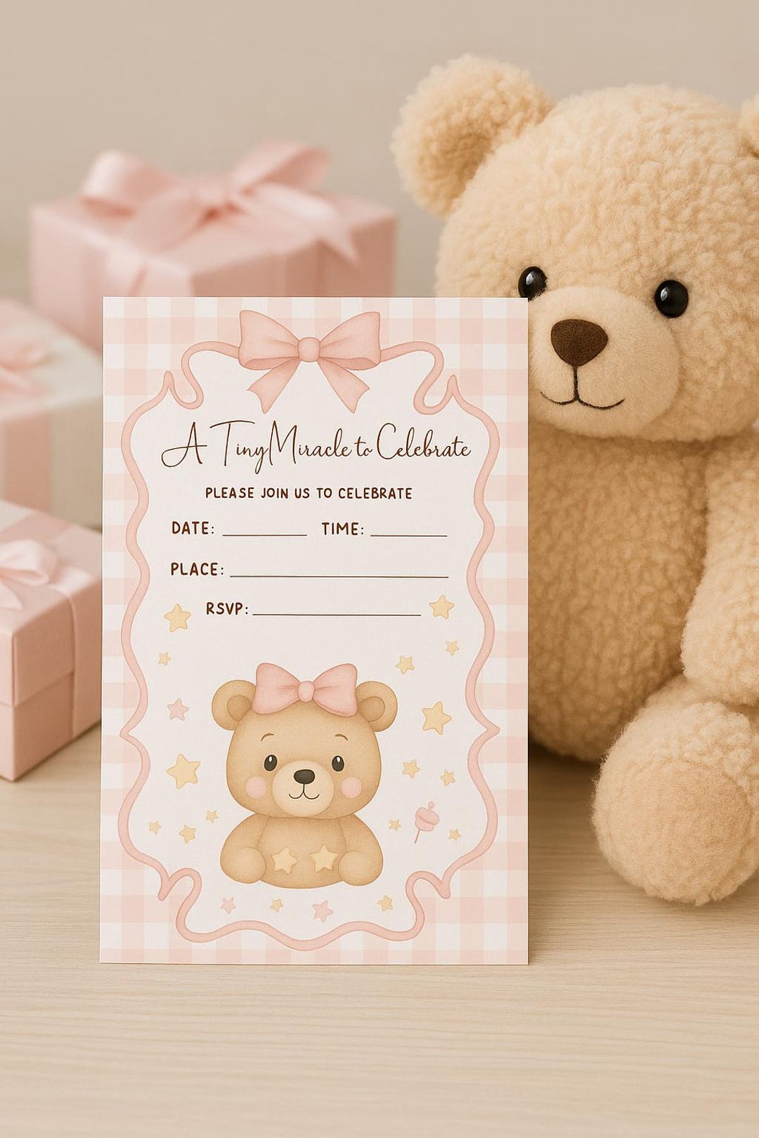 Pink Teddy Bear Baby Shower Invitation • Editable Canva Template (5x7 ...