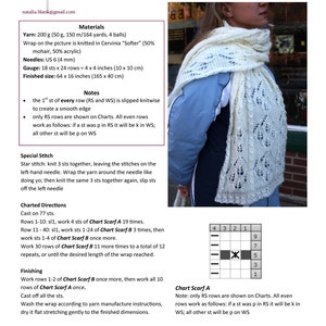 Könnte beinhalten: Ein weißes Häkeltuch mit einem Spitzenmuster. Das Muster heißt "Four Leaves Wrap" und wurde von Natalia Blank entworfen. Das Tuch wird von einer Person getragen. Die Anleitung für das Tuch ist im Bild enthalten.