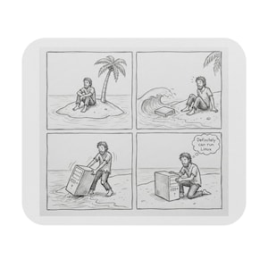 May include: A black and white comic strip depicting a person stranded on an island with a computer. The final panel shows the person thinking, "Definitely can run Linux."
