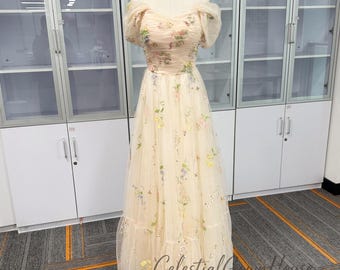 Champagne Floral Embroidered Tulle Dress,Off-Shoulder Formal Evening Dress,Cottagecore Bridesmaid Dress, A-Line Garden Wedding Guest Gown