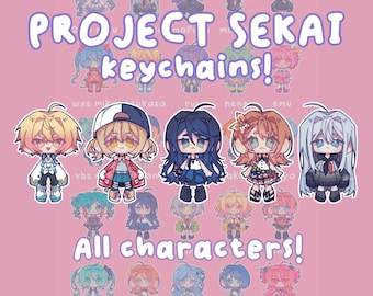 May include: A collection of Project Sekai character keychains. The image features various chibi-style anime characters with different hair colors and outfits, set against a pink background. Text includes "PROJECT SEKAI keychains!" and "All characters!"
