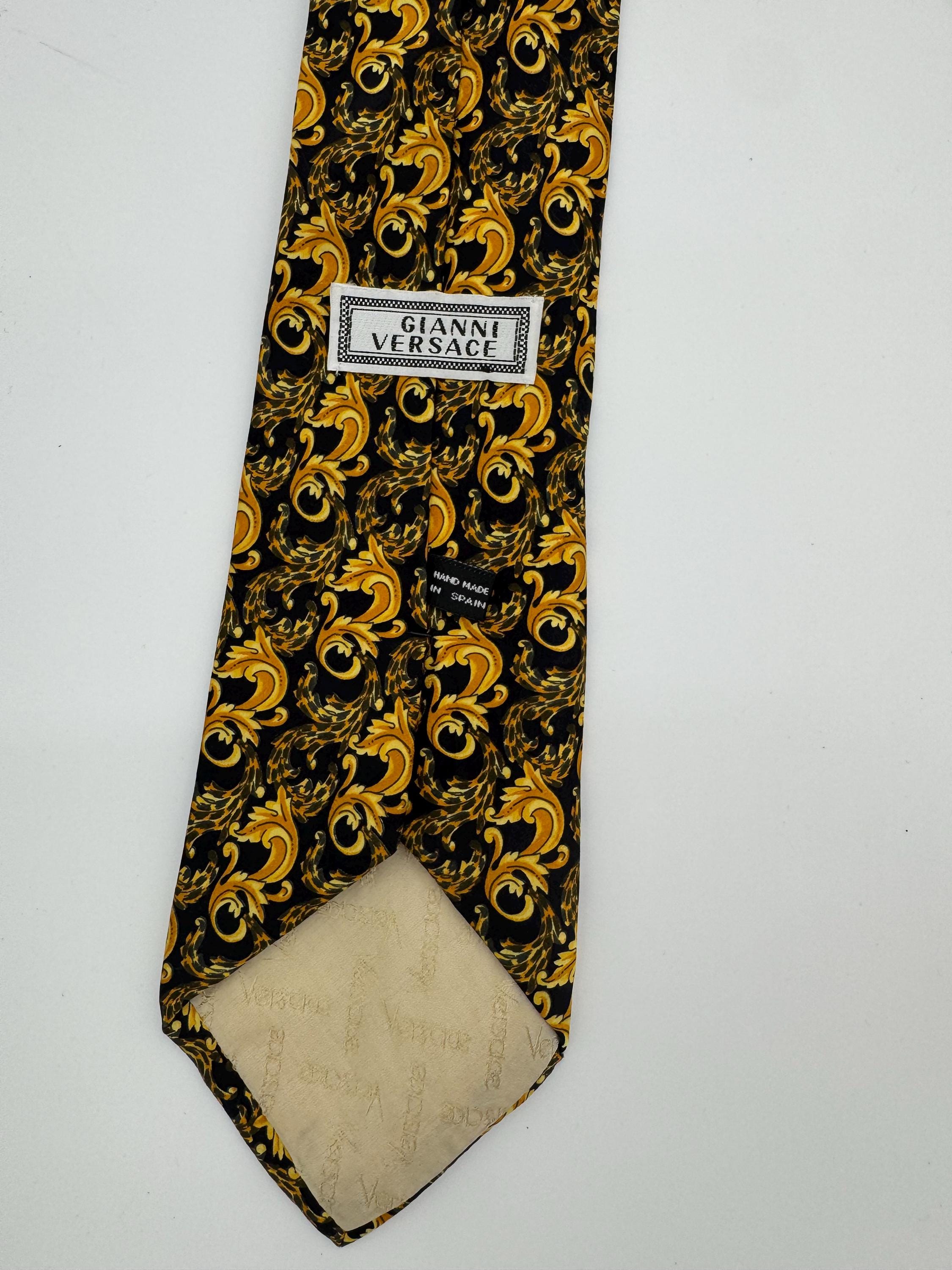 Vintage Gianni Versace Silk Tie Black Gold Baroque Scroll Pattern Hand Made in Spain