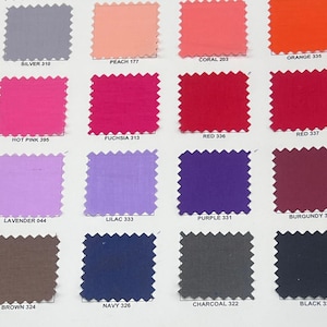 May include: A colour swatch chart displaying sixteen fabric samples in diverse shades. Colours include silver, peach, coral, orange, hot pink, fuchsia, red, lavender, lilac, purple, burgundy, brown, navy, charcoal, and black. Each swatch has a corresponding number.
