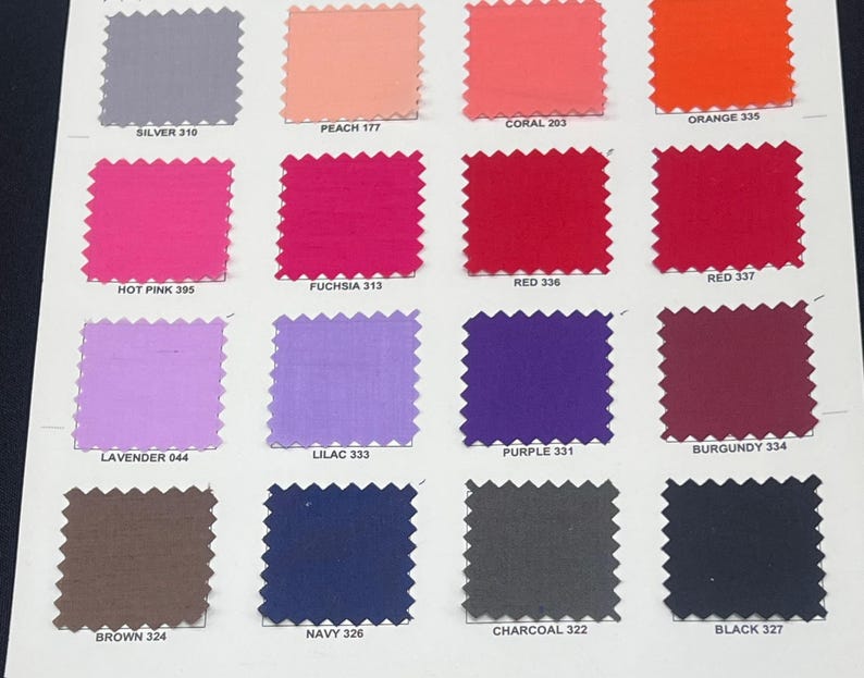 May include: A colour swatch chart displaying sixteen fabric samples in diverse shades. Colours include silver, peach, coral, orange, hot pink, fuchsia, red, lavender, lilac, purple, burgundy, brown, navy, charcoal, and black. Each swatch has a corresponding number.