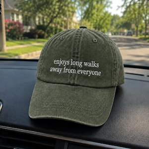 Enjoys Long Walks Away From Everyone Embroidered Dad Cap, Funny Introvert Baseball Hat, Sarcastic Relatable Meme Hat, Introvert Gift