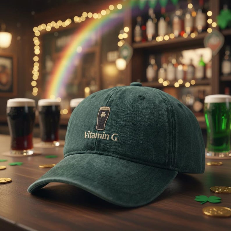 May include: A dark green baseball cap with the text "Vitamin G" and a graphic of a beer glass with a shamrock. The cap is on a wooden bar with glasses of beer and gold coins.