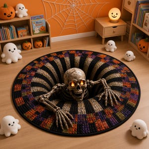 May include: A round area rug featuring a 3D optical illusion of a deep black hole with a skeleton emerging from the center. The rug has a textured pattern in shades of black, orange, and purple, with the skeleton's eye sockets glowing with fire.